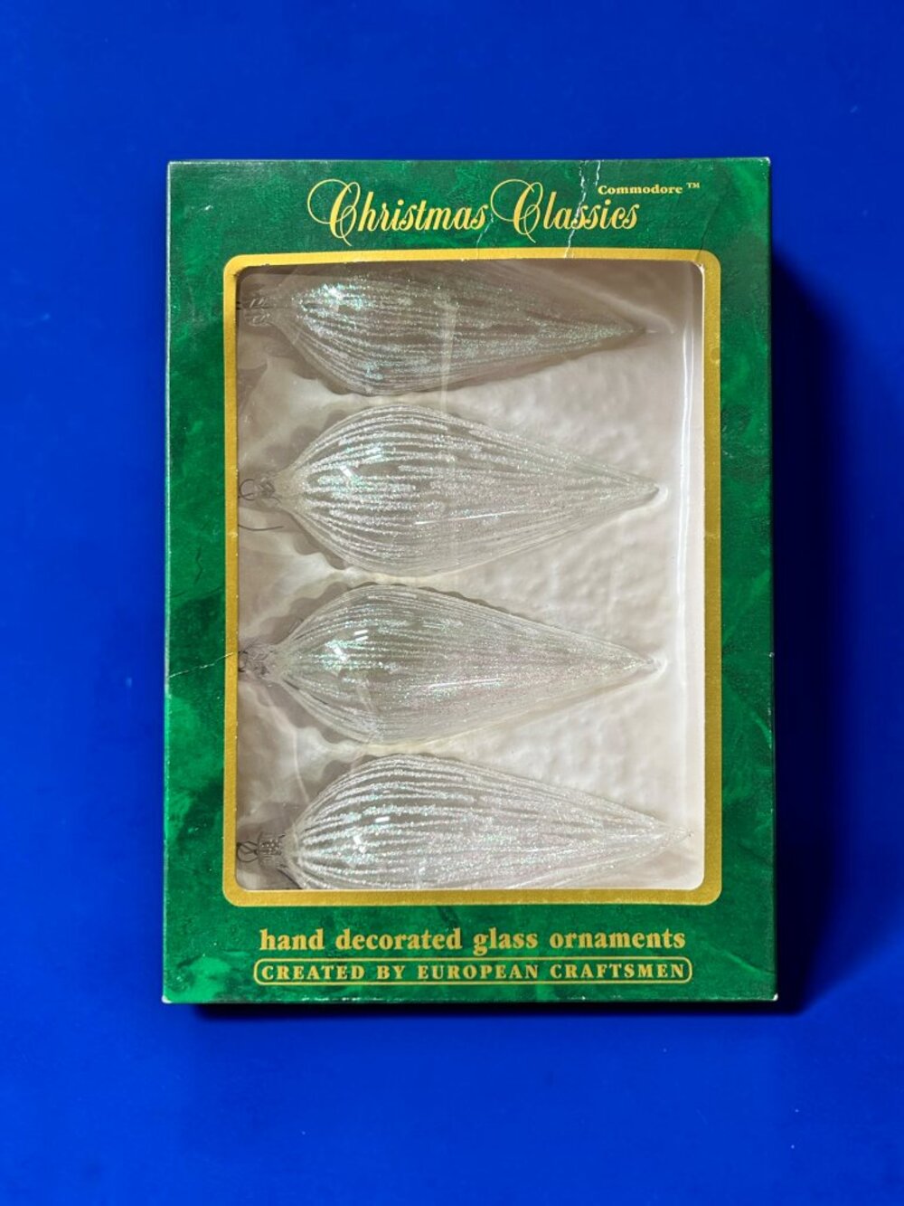 Vintage 4 Commodore Christmas Classics 5" Teardrop Clear Iridescent Ornaments